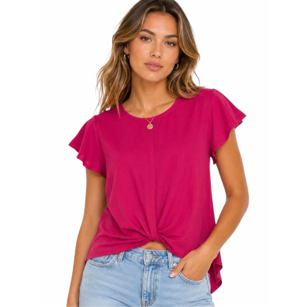 THE IMPECCABLE PIG Women’s Magenta Twist Front Flutter Sleeve Blouse Size Medium